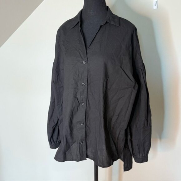 MADISON THE LABEL Black Button Down Blouse Top Long Sleeve Oversized Puffy Baggy - Picture 9 of 13